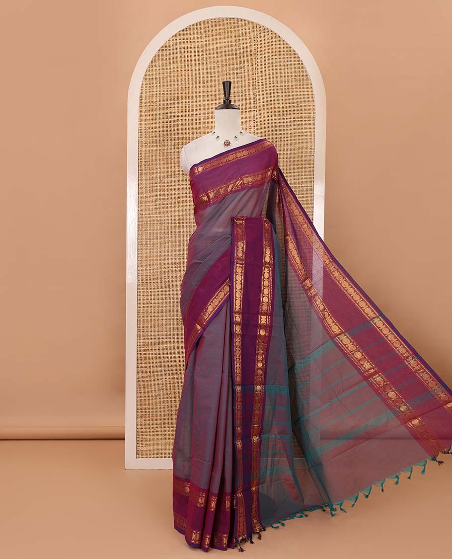 Violet plain Chettinad cotton saree, contrast rettai pettu rudraksham zari border, striped pallu & blouse of zari border