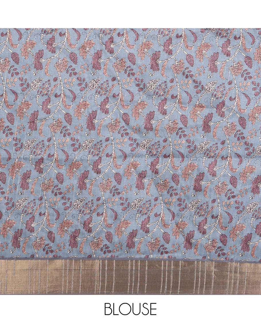 Chikku digital floral printed semi  tussar saree with zari bawanchi border & printed pallu along with printed blouse