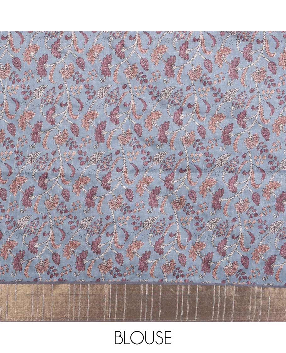 Chikku digital floral printed semi  tussar saree with zari bawanchi border & printed pallu along with printed blouse