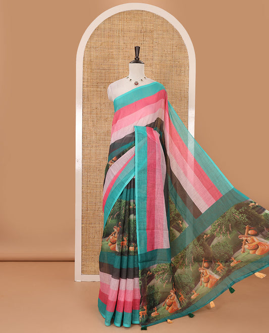 Borderless multi-color ombre striped & hand-painted flora & Radha motif printed linen cotton saree, Radha motif printed pallu & multi-color striped blouse
