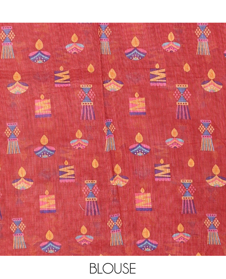 Maroon Diwali-Style Printed Linen Cotton Saree