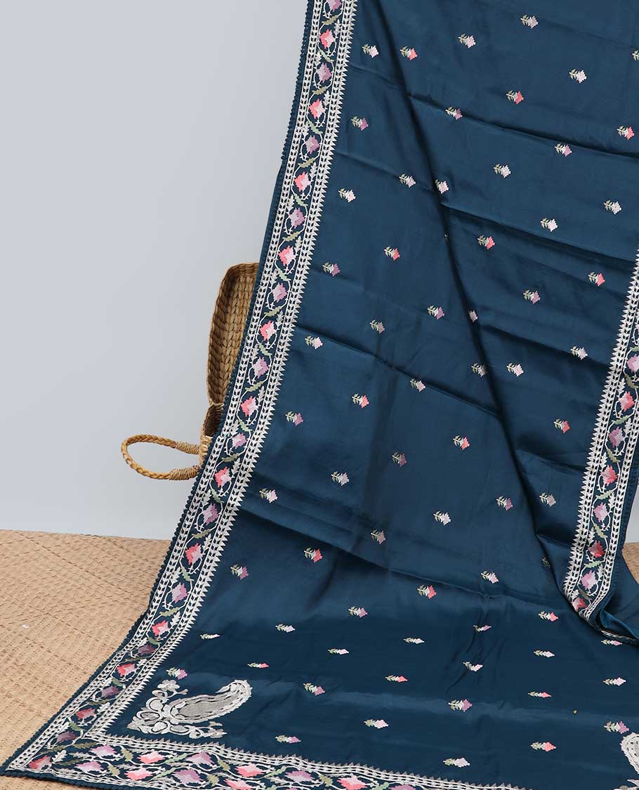 Blue  floral embroidery semi-banaras tussar saree with scallop border