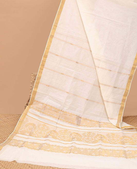 Cream kerala saree with zari stripes, zari border & pallu of traditional designs in zari