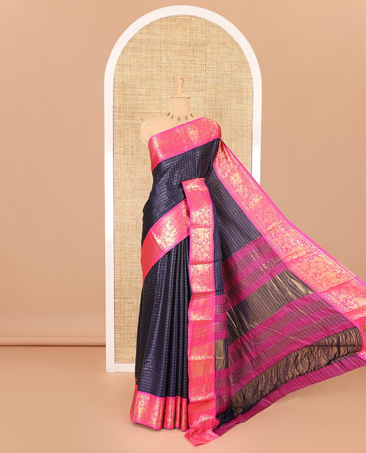 Navy blue golden zari checked semi-taffeta saree, contrast zari border of deer and peacock motifs, striped pallu, and a contrast zari design blouse