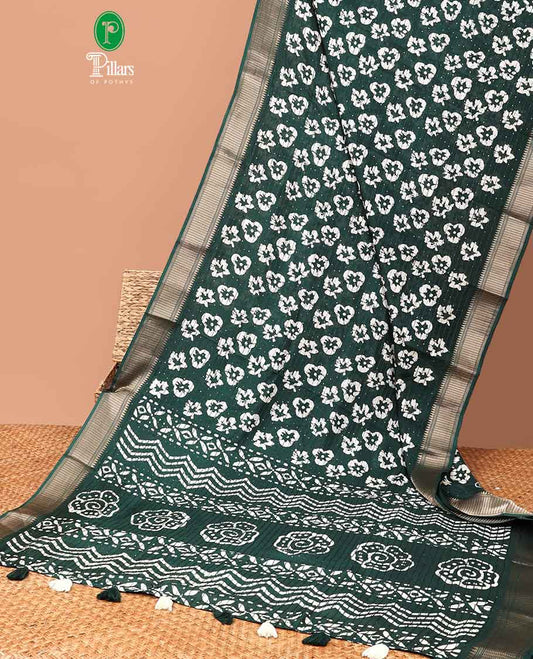 Green pathik print , sequins design dola silk saree with copper thread border & small pathik printed blouse