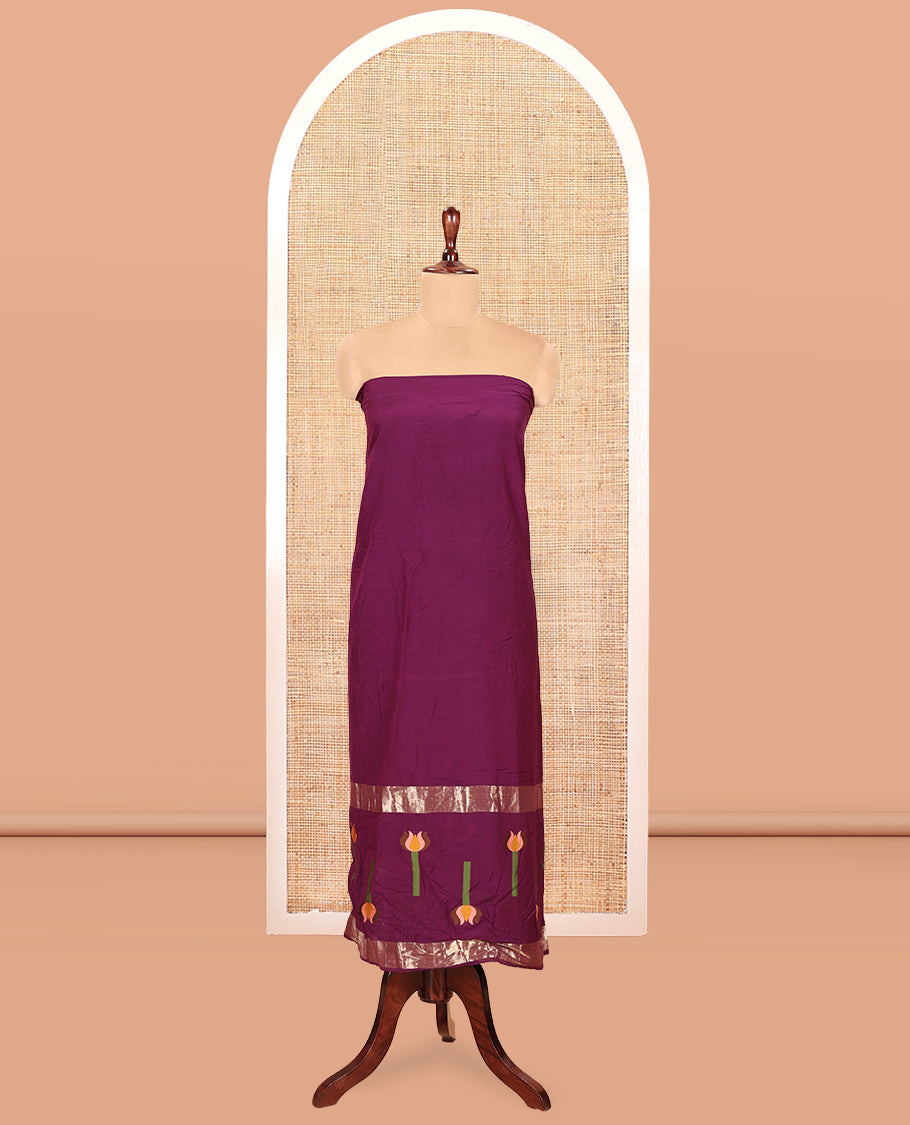 Dark Purple Mul Chanderi Material Chudidar Features Jamdani-Floral Top, Plain Bottom, Jamdani-Floral Dupatta