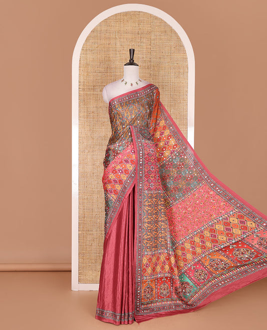Red kaleidoscopic colored checks printed with mirrorwork masakali saree, printed border, print with mirror work pallu, and a matching blouse