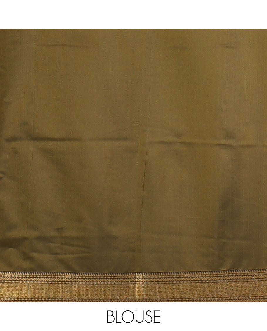 Yellow zari buttas semi-soft silk saree, contrast rettai pettu traditional zari border & grand ogee patterned pallu