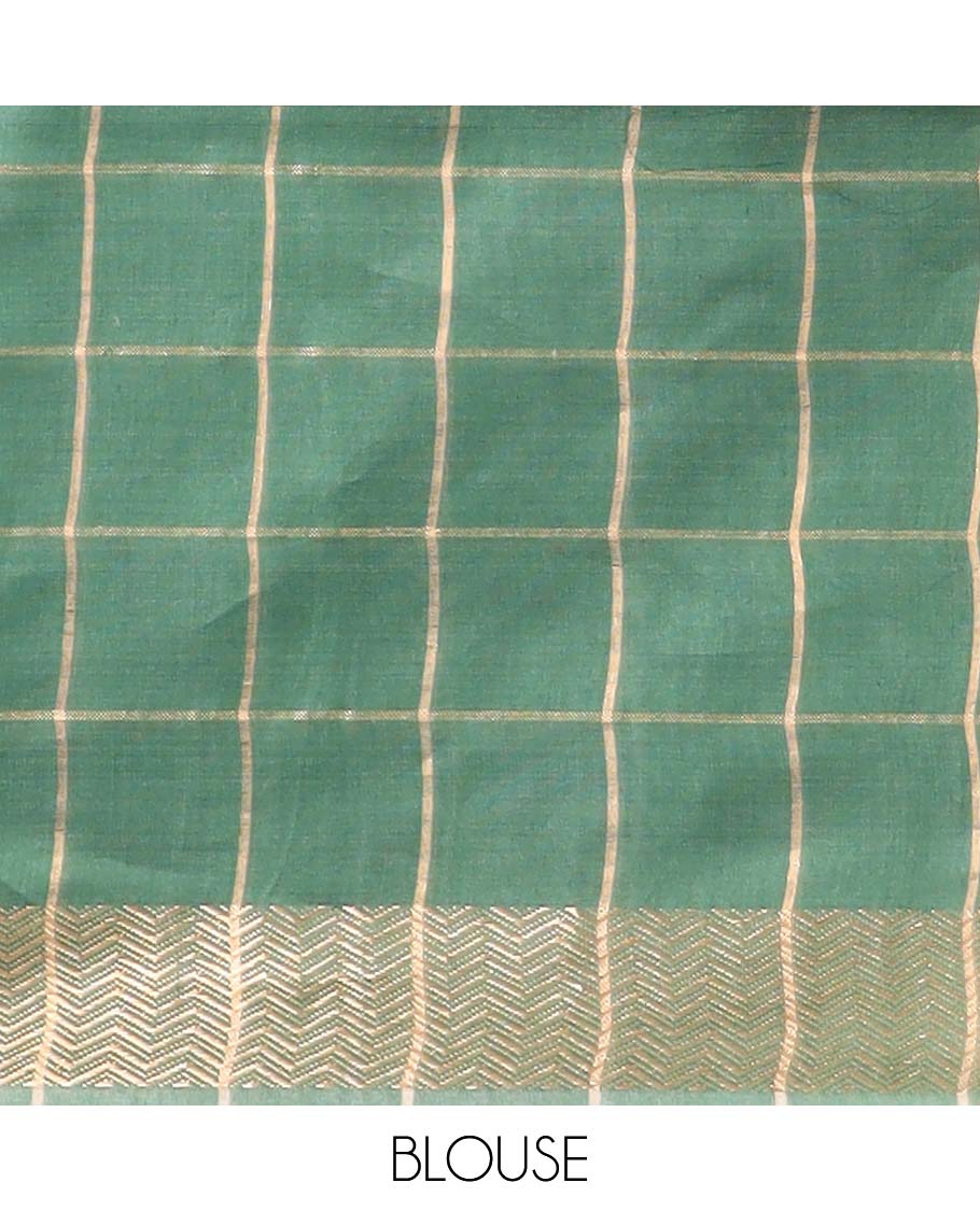 Cream floral printed tussar silk saree with self-border & checked pallu