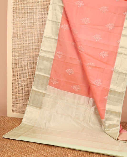 Peach buttas vasundhara elite silk saree with contrast intricate zari design border & geometric design pallu