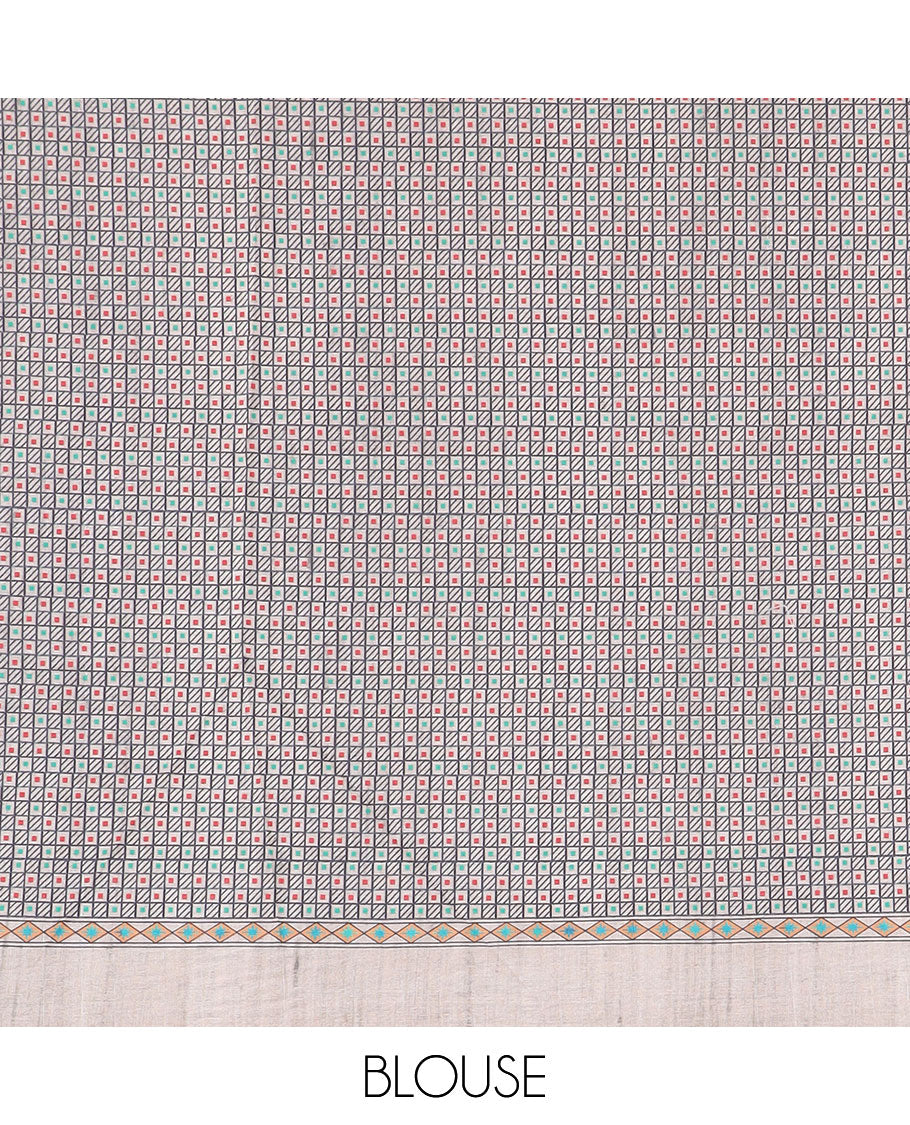 Santhoor Color Semi-Banaras Tussar Saree With Contrast Madhubani Design Border & Floral , madhubani style Pallu