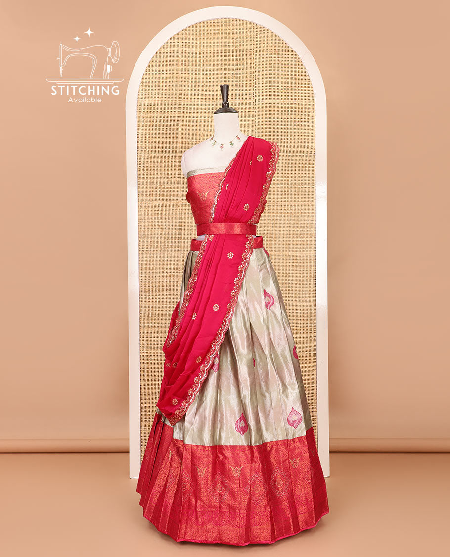 Chikku-Rani pink banarasi tissue half-saree, jacquard with contrast traditional stone work border skirt, matching blouse, and contrast embroidered Syska georgette scallop dhavani