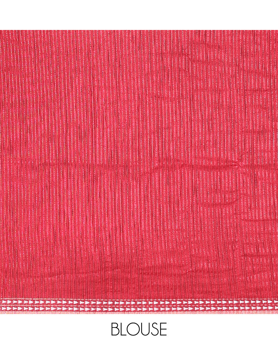 Maroon plain fancy tussar saree, temple motifs woven thread border, striped pallu, and a matching blouse