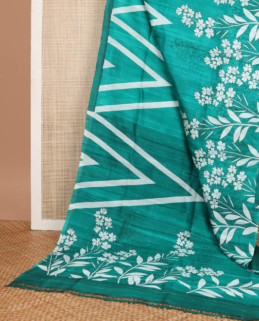 Green floral, geometric design printed silk saree with contrast border