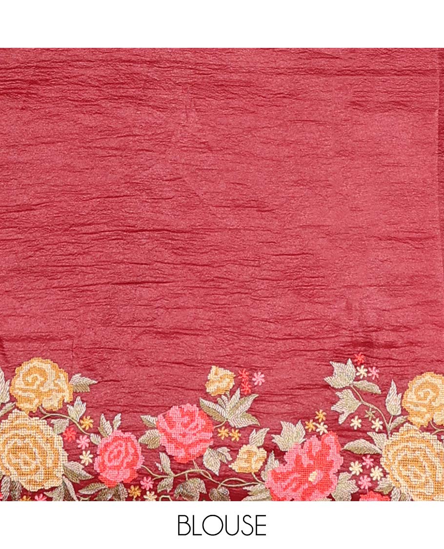 Maroon crushed tissue saree with all over floral motifs & floral scallop border