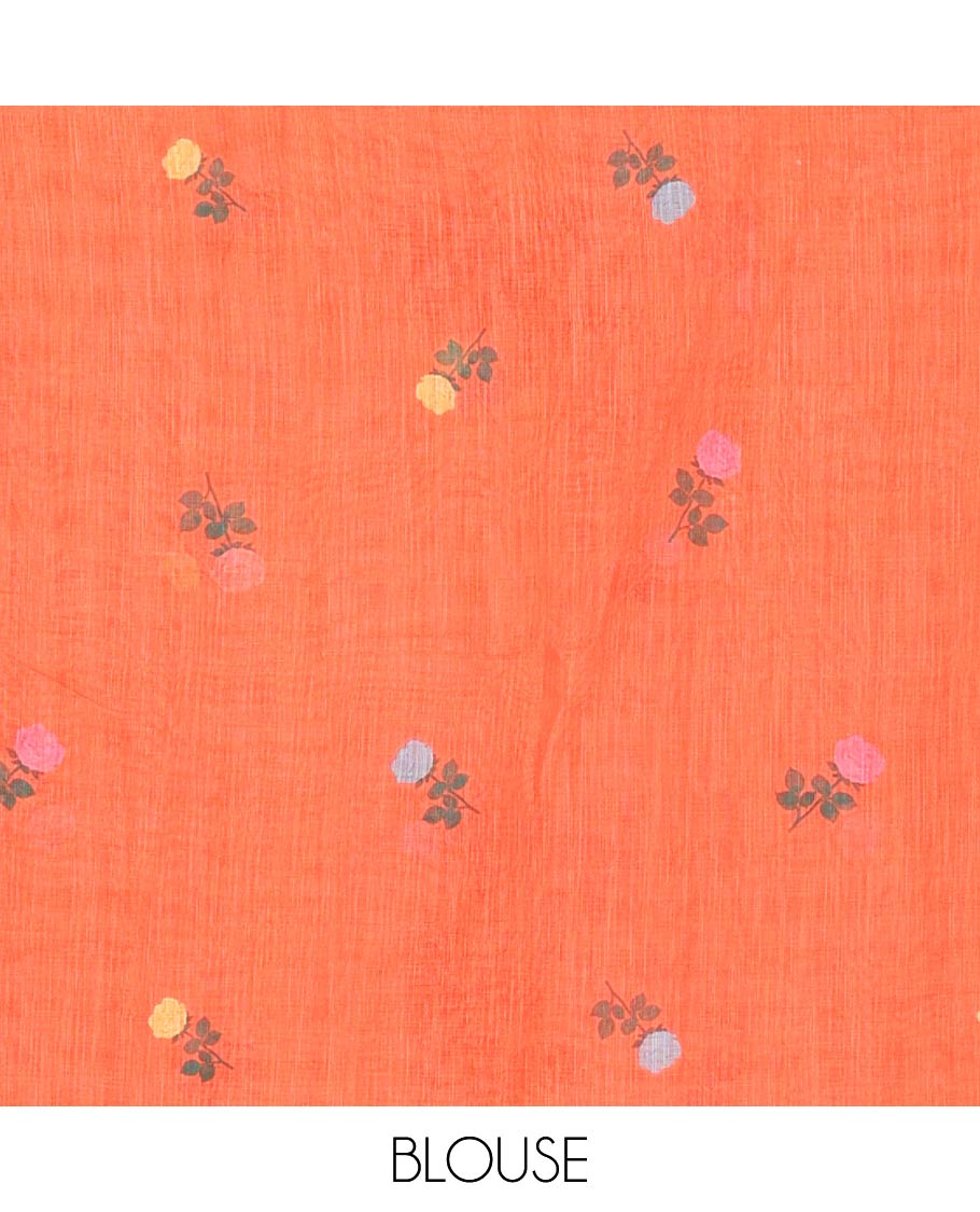 Borderless Orange Linen Cotton Saree, Elevated with Rose Floral Buttas and Checked Design on Its Body, Pallu Pictures a Beautiful Rose Floral Motifs, and Paired with a Matching Blouse