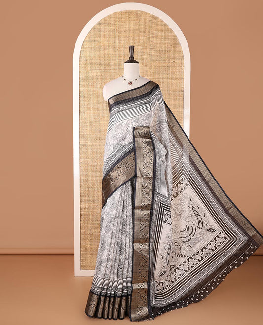 Cream checked & kalamkari-floral & bird dola silk saree, contrast traditional zari black border, kalamkari bird print pallu & printed blouse