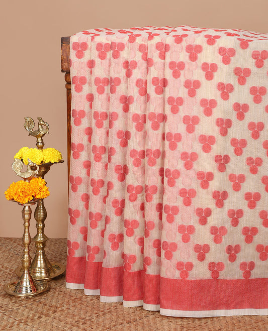 Cream with red resam thread weaving design banaras kota saree with contrast bawanchi border & plain pallu along with plain blouse