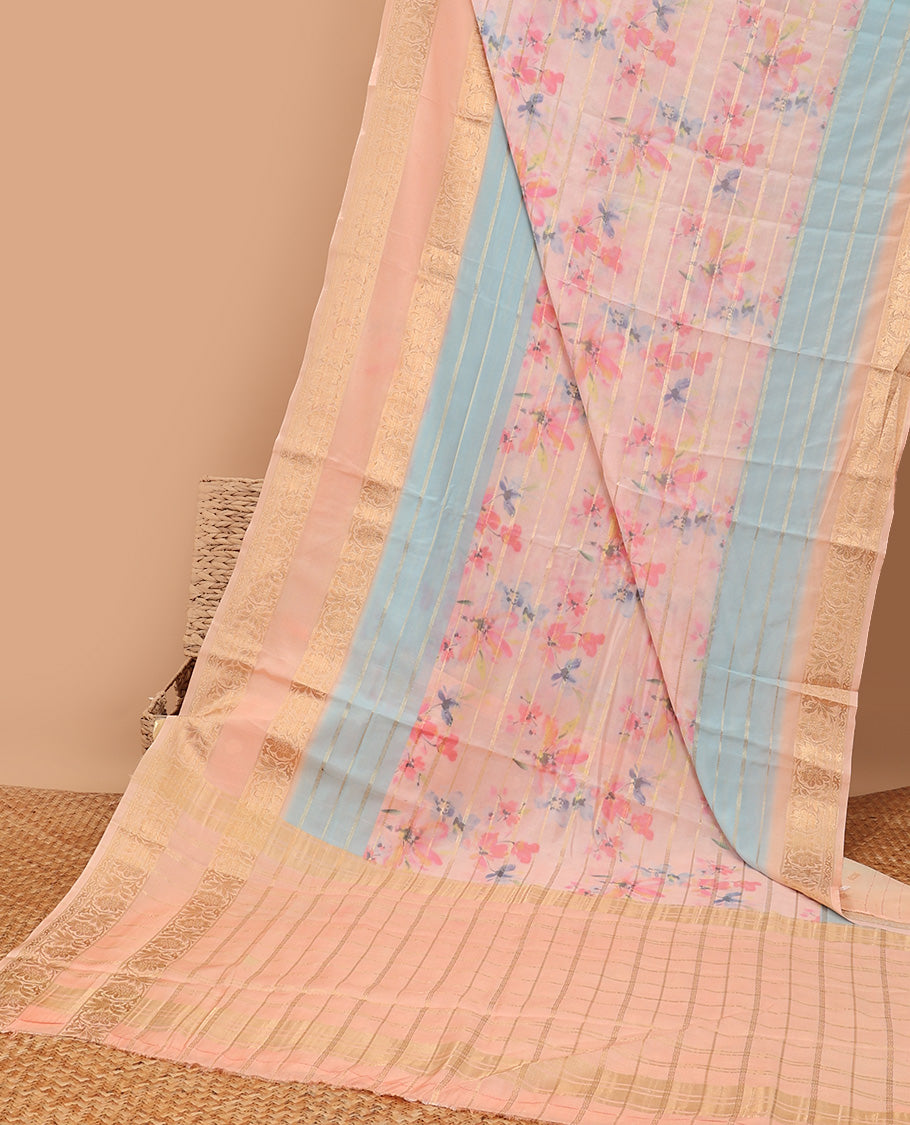Multi-color floral printed & zari striped semi-banaras crepe saree, contrast floral creeper zari border & striped pallu