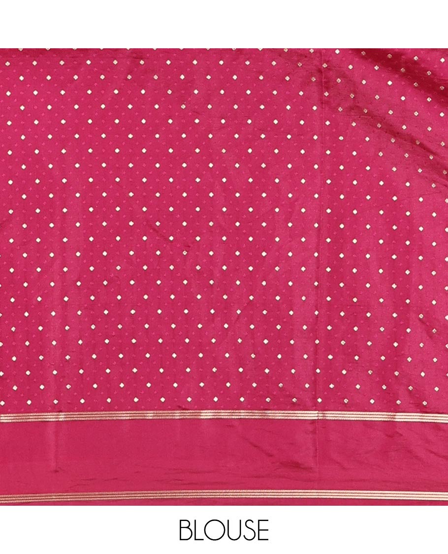 Magenta Pink Semi-Banaras Satin Silk Saree, Ornamented with Zari Buttas All Over Its Body, Highlighted by Zari Striped Border, Grand Jaal Pallu, and Paired with a Matching Blouse