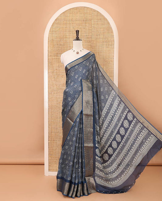 Blue bandhani printed viscose moss chiffon saree, zari design border, floral-geometric printed pallu & diamond motif printed blouse