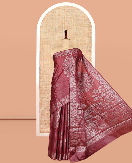 Maroon Tusser Silk Saree, Elevated with Rangoli-Style Designs, a Zari Border, Grand Pallu, and a Matching Blouse