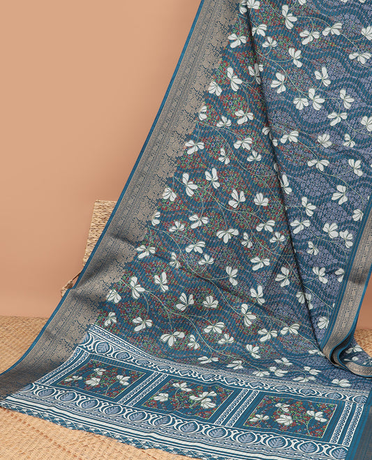 Blue allover foliage with zari line weaving dola silk saree with contrast zari jacquard border & printed rich pallu along with printed blouse