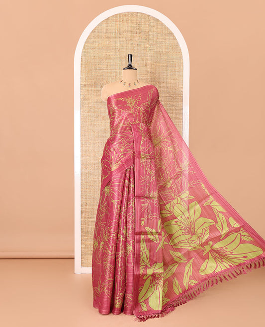 Borderless wine big floral motifs printed tissue silk saree with floral printed pallu, and a contrast plain blouse