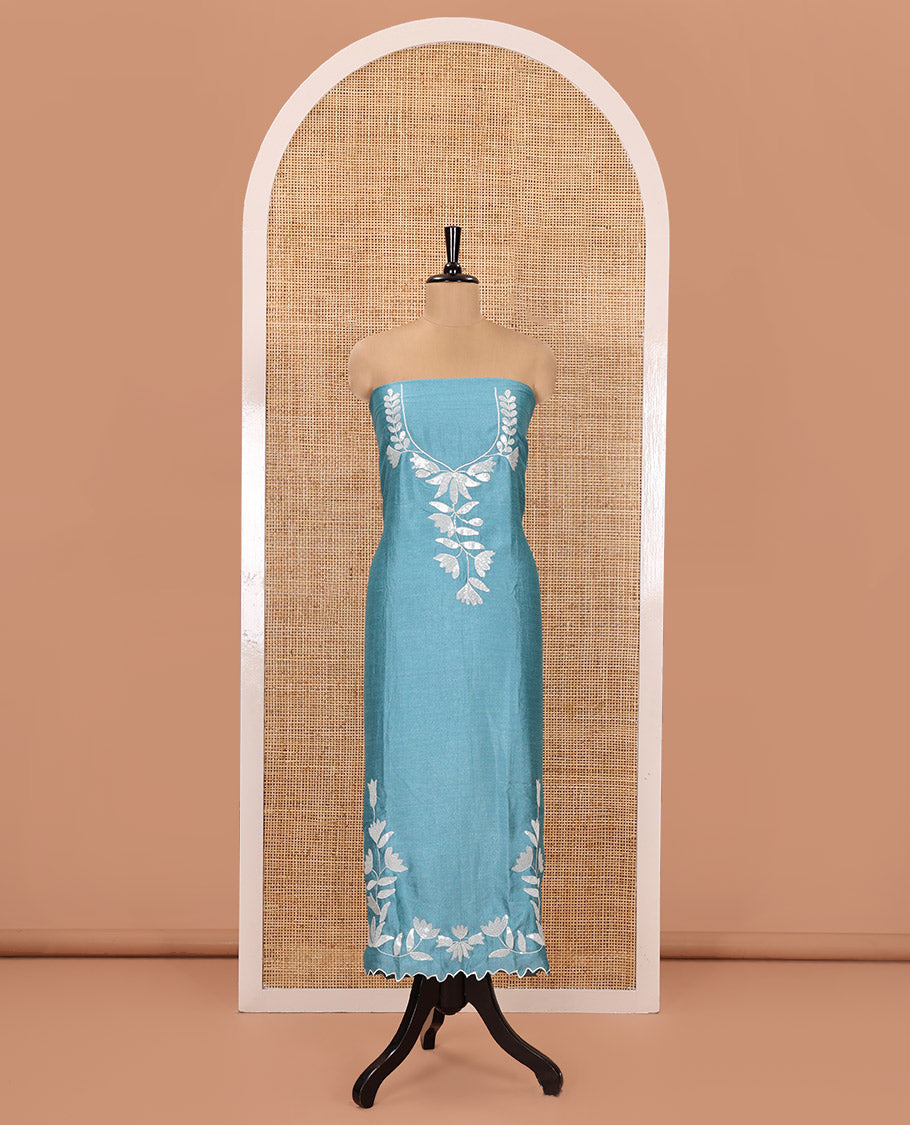 Sky Blue Material Churidar Set, Detailed with Floral Motifs Sequins-Thread Embroidered on Its Vichitra Silk Top, Comes with a Contrast Santoon Bottom, and Paired with a Vichitra Silk Floral Embroidered Scallop Dupatta