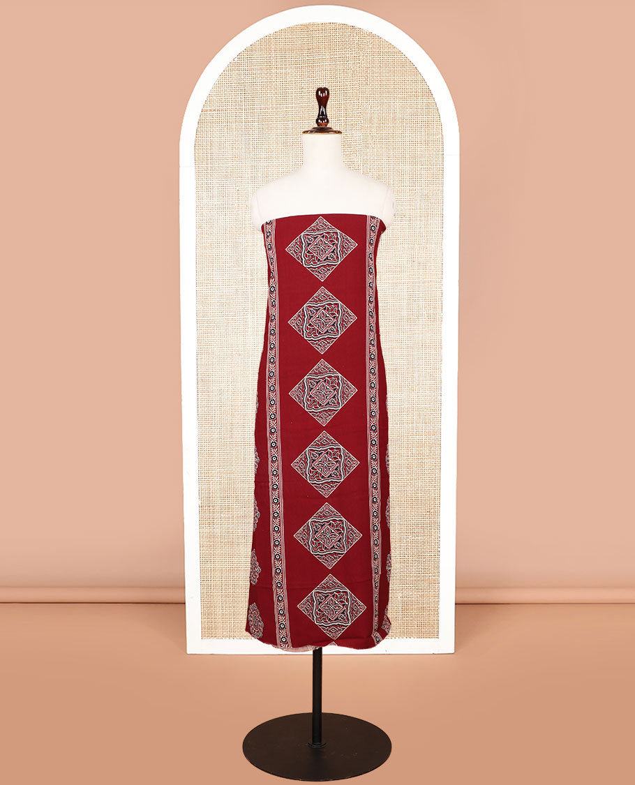 Maroon ajrak print rayon chudidhar material top with rayon material printed pant & mul mul votton ajrak printed dupatta