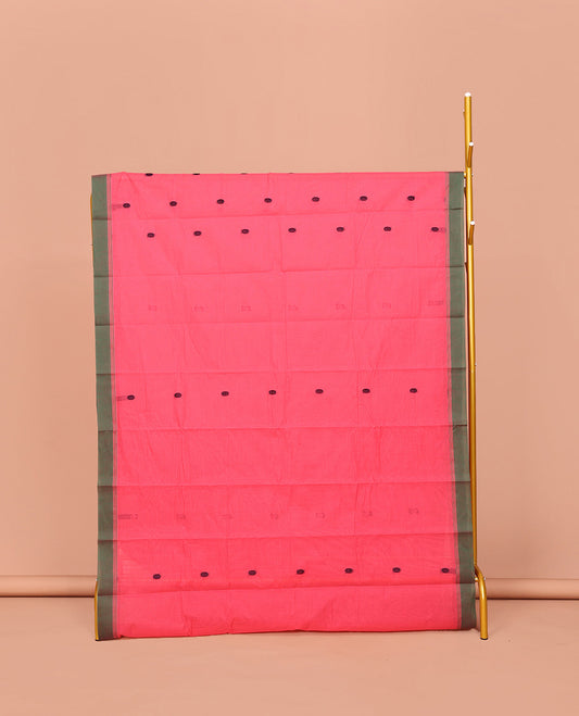 Pink Kanchi Cotton Saree, Subtly Threaded with Buttas All Over Its Body, Complemented by Contrast Border, Jaal Pallu and Paired with a Matching Blouse