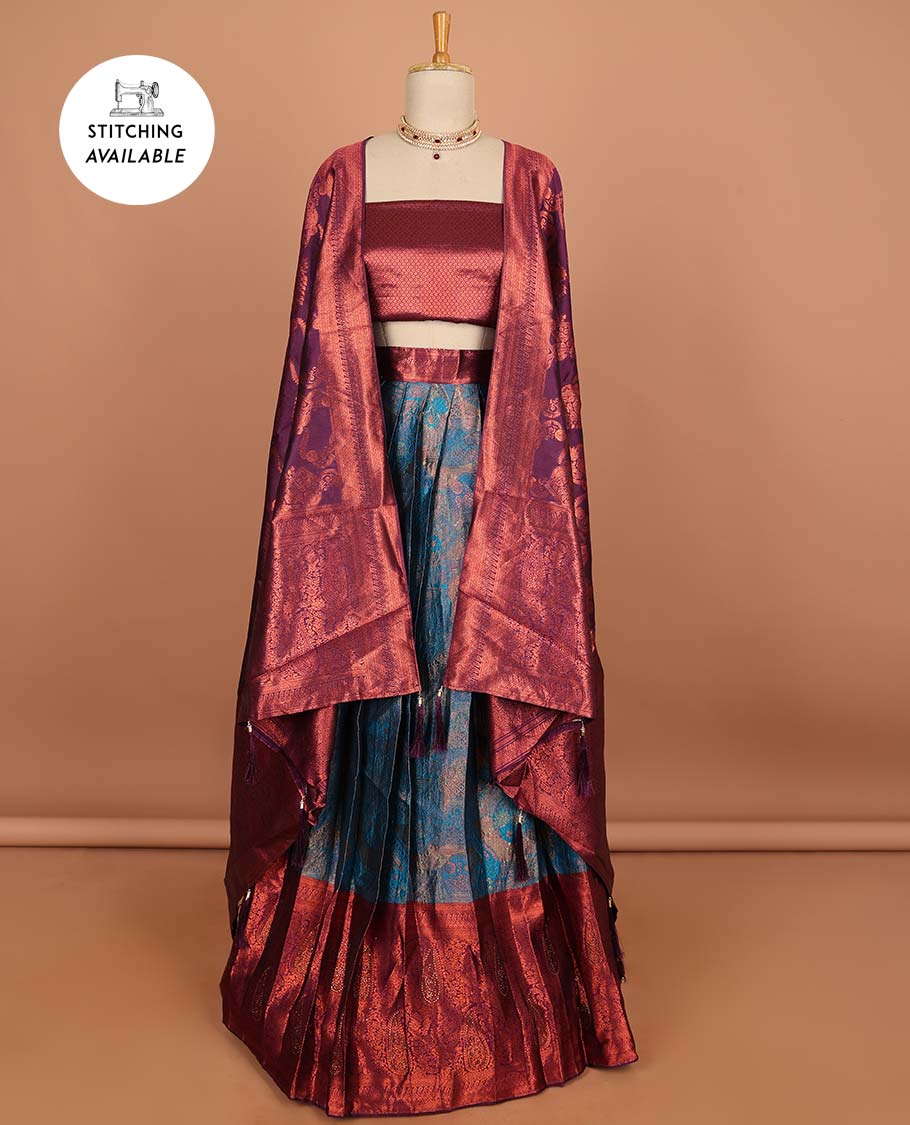 Blue floral buttas half saree with contrast zari border, zari design blouse & floral zari design dhavani