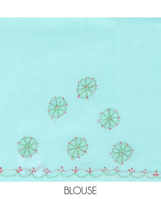 Turquoise floral thread embroidery chikankari cotton saree with self embroidery border with paisley embroidery pallu