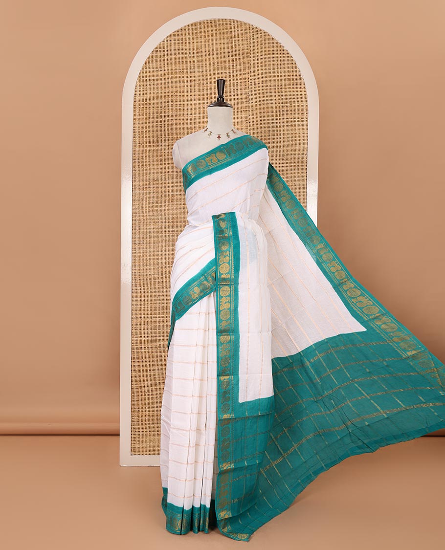 White zari veldhari striped sungudi cotton saree, contrast annam chakram border, zari striped pallu & contrast zari design blouse