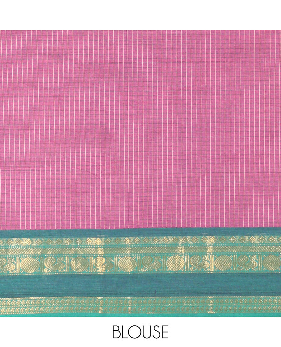 Pink Checked Chettinad Cotton Saree, Contrast Ganga-Jamuna Rettai Pettu Traditional Border, and Matching Blouse