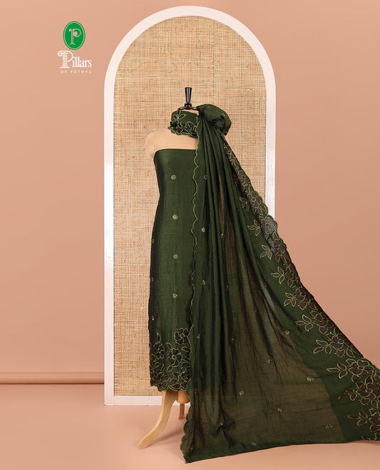 Green material chudidar set, sequins work with floral Aplic embroidered Vichitra silk top, matching bottom, and an embroidered dupatta