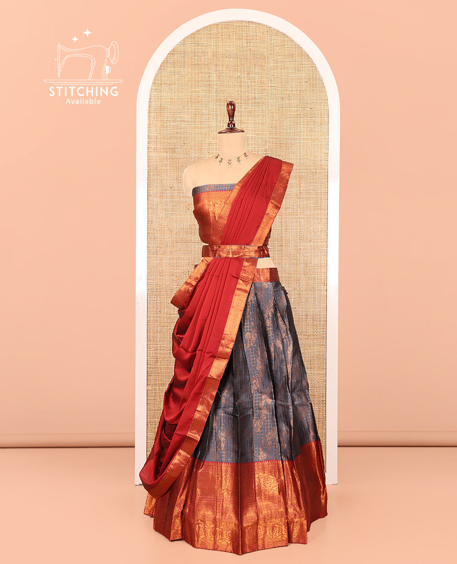 Grey-Red Semi-Banarasi Half-Saree Features Jacquard Skirt, Contrast Traditional Border, Matching Blouse, and Syska Georgette Dhavani