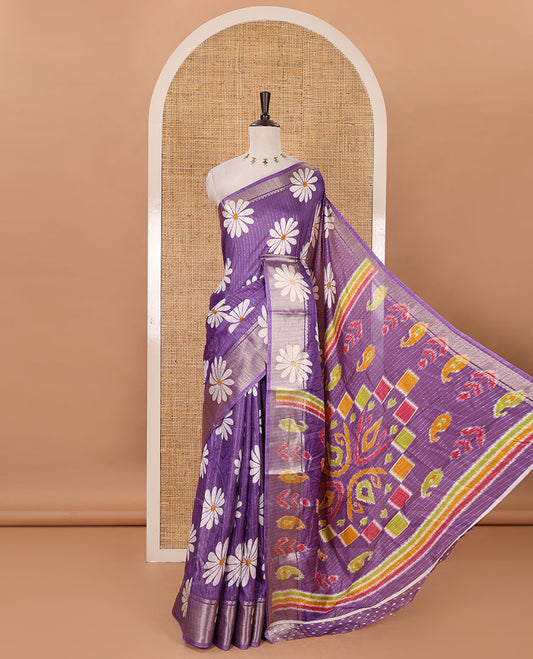 Lavender zari striped & sunflower motifs printed dola silk saree, traditional zari border, ikkat printed pallu & printed blouse