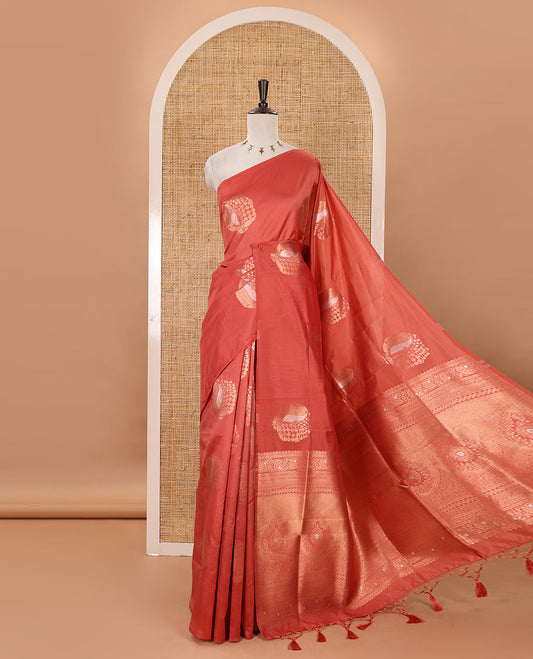 Borderless coral mulberry silk saree with copper & silver zari buttas, self-pallu of intricate designs & zari design blouse