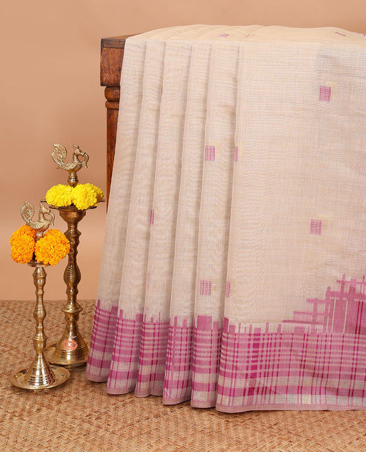 Cream with purple zari resam thread butta munga jute cotton saree with thread weaving pallu along with thread weaving blouse