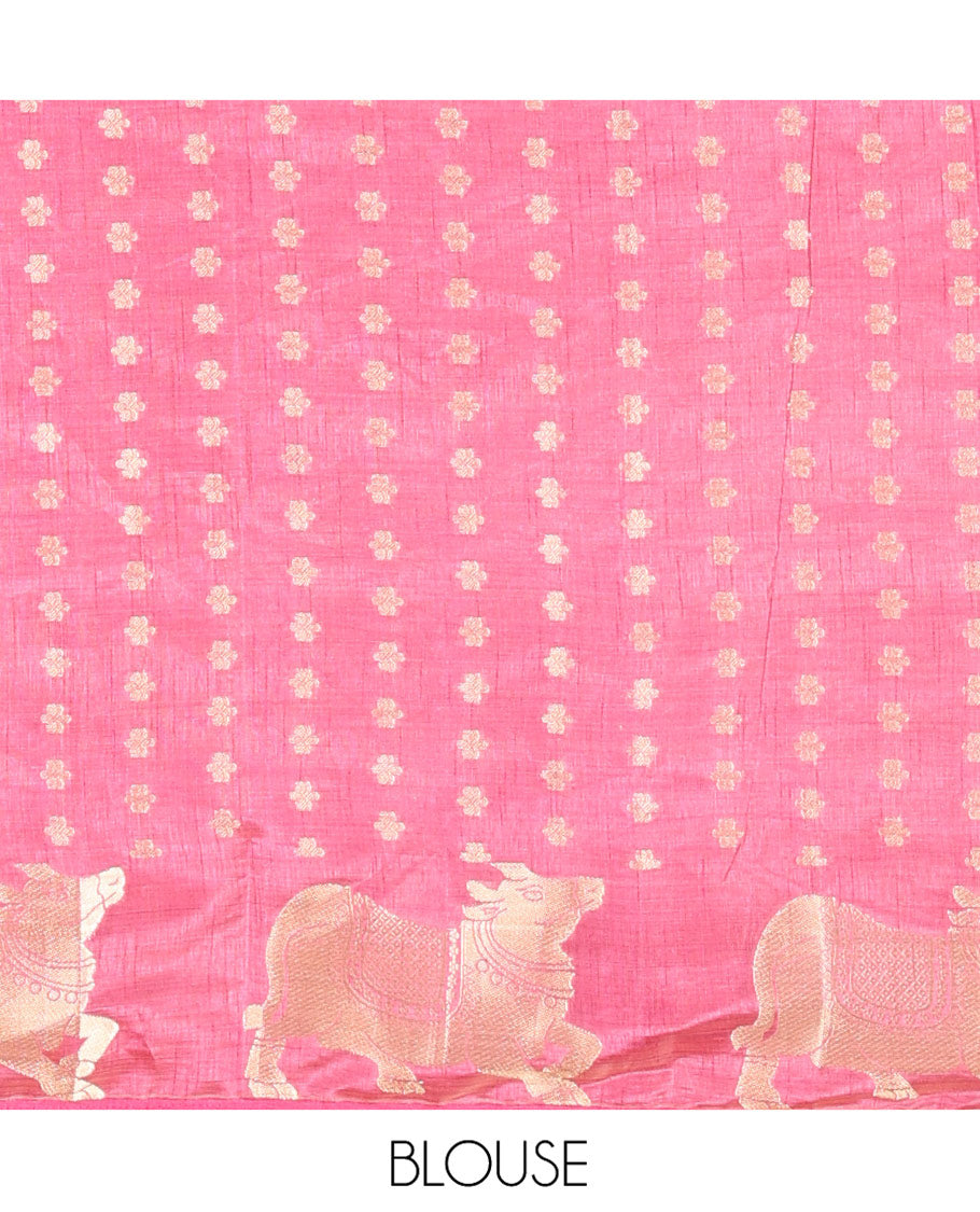 Onion Pink Art Tussar Saree, Embellished with Gold Zari Buttas All Over Its Body, Highlighted by a Zari Border of Pichwai Cow Motifs, Grandly Woven Pallu, and Paired with a Matching Blouse
