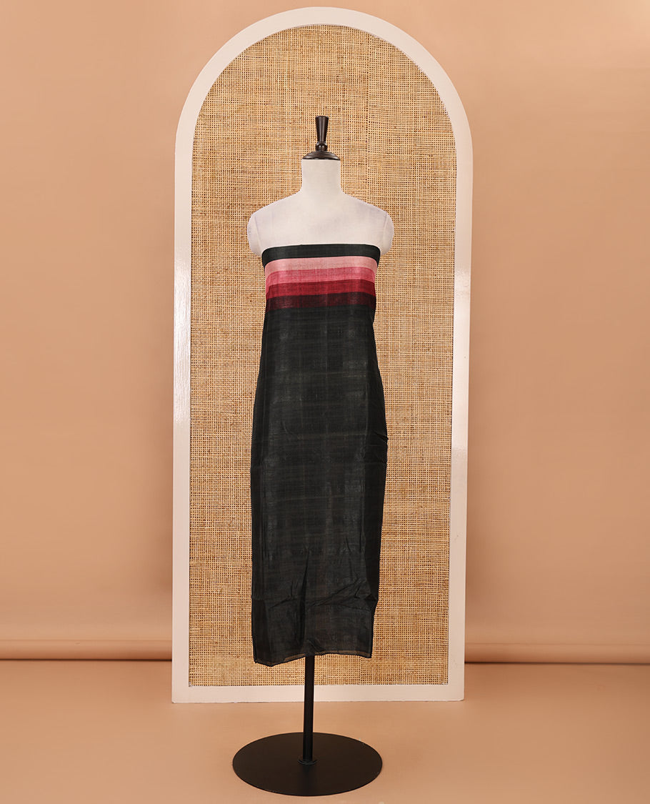 Black material chudidar set, horizontal rosepink-ombre striped semi-tussar top, plain santoon bottom & horizontal rosepink-ombre striped dupatta with tassels