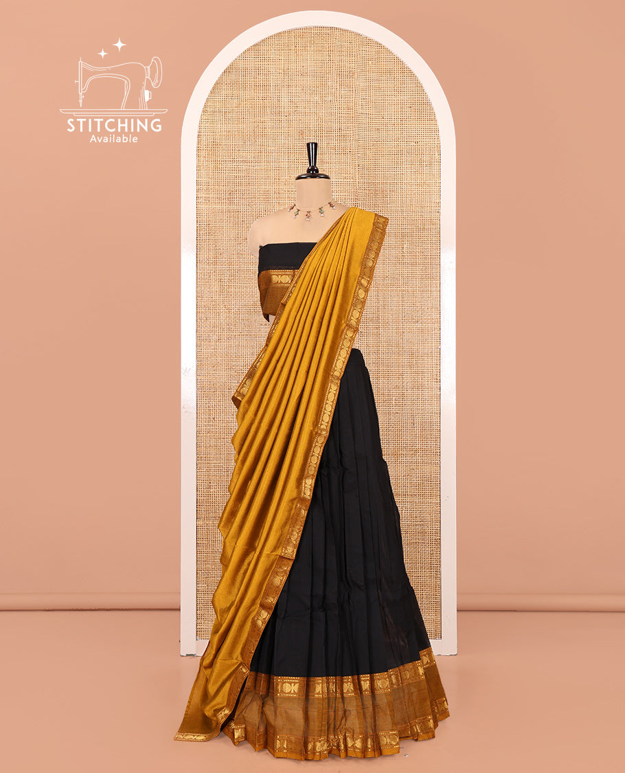 Black-Mustard Chettinad Cotton Half-Saree Featuring Plain Skirt, Contrast Rettai Pettu Rudraksham Border, Matching Blouse, Syska Georgette Dhavani