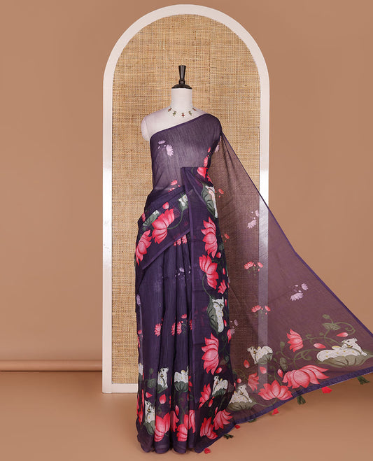 Borderless purple pichwai lotus vine and cows linen saree, pichwai printed pallu, and lotus floral printed blouse