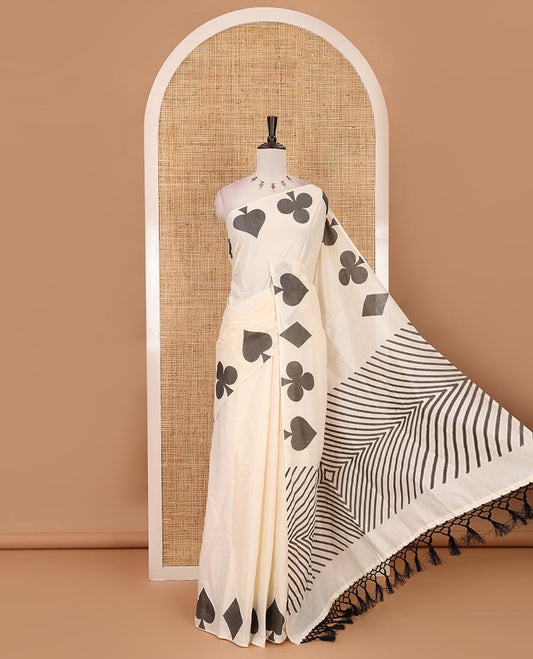 Cream-black plain Kerala cotton saree, contrast color cards-theme printed border of Diamonds, Clubs, and Spades, leheriya-striped pallu, and plain blouse