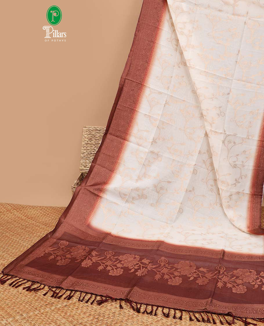 Borderless off white zari weaving khadhi cotton saree with contrast brown weaving pallu