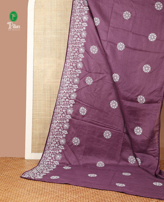 Wine color  thread embroidery kotta cotton saree with embroidery border & self pallu along with plain blouse