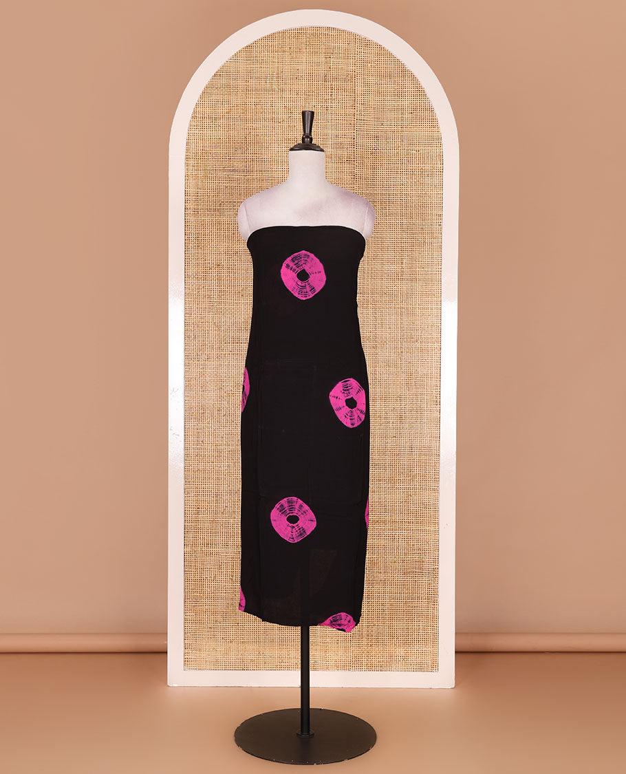 Black and pink  viscose georgette material churidar set, big bandhani dots printed top, plain bottom, and big bandhani dots printed dupatta