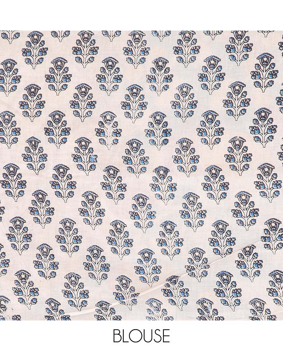 Cream floral machine-printed kalamkari cotton saree, floral creeper border & contrast peacock pallu