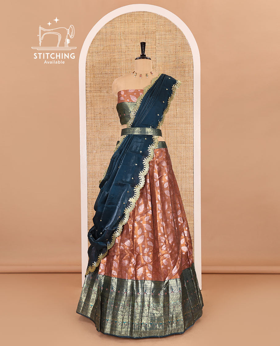 Copper and peacock color half-saree, leaf jacquard with contrast traditional bordered banarasi tissue skirt, a matching blouse, and a contrast scallop embroidered fendi organza dhavani